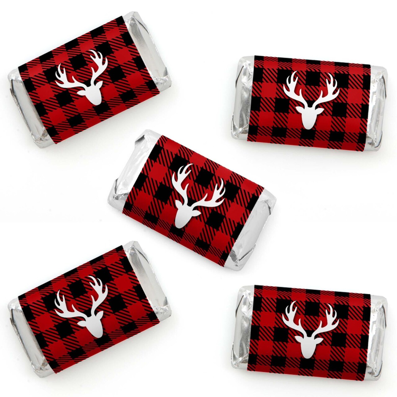 Big Dot of Happiness Prancing Plaid - Mini Candy Bar Wrapper Stickers - Reindeer Holiday and Christmas Party Small Favors - 40 Count